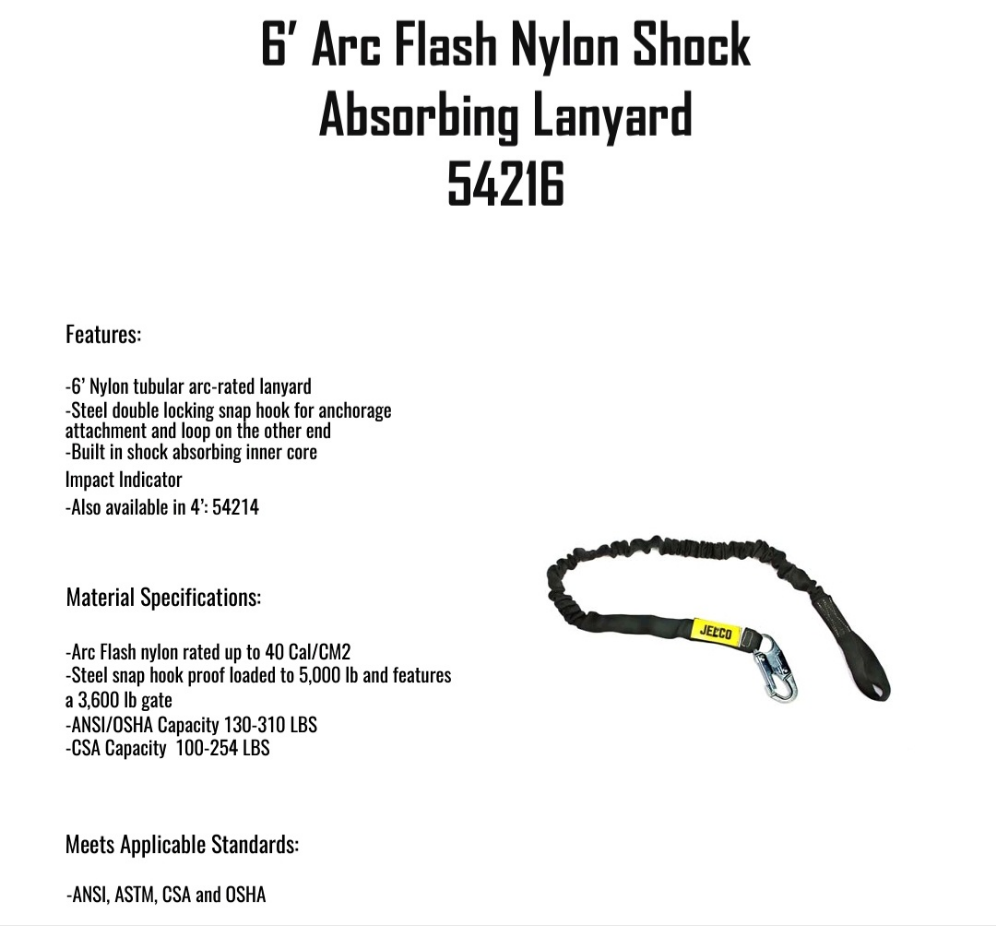 JELCO 6' Arc Flash Nylon Shock Absorbing Lanyard 54216