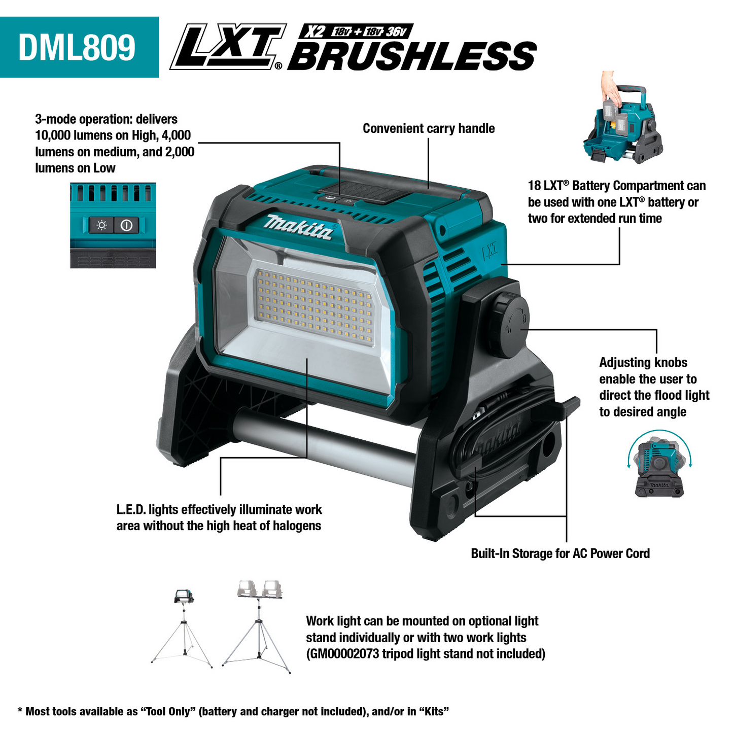 Makita 18V X2 LXT® Lithium-Ion Cordless/Corded Work Light, Light Only DML809