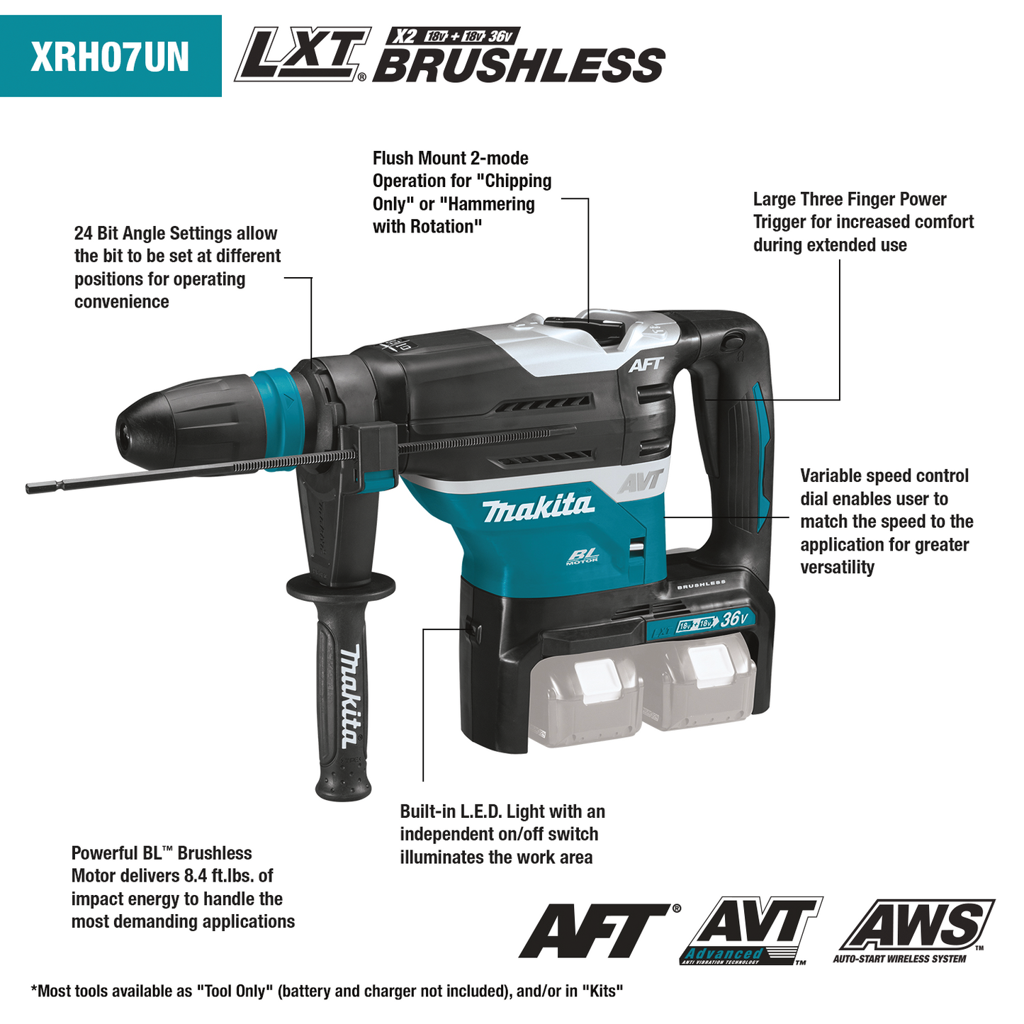 Makita 36V (18V X2) LXT® Brushless 1‑9/16" Advanced AVT® Rotary Hammer Kit, SDS‑MAX, AFT®, AWS® (5.0Ah) XRH07PTUN