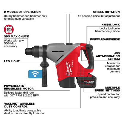 Milwaukee M18 FUEL 1-3/4in SDS Max Rotary Hammer Kit ONE-KEY Cordless Heavy Duty Drill 2918-22HD