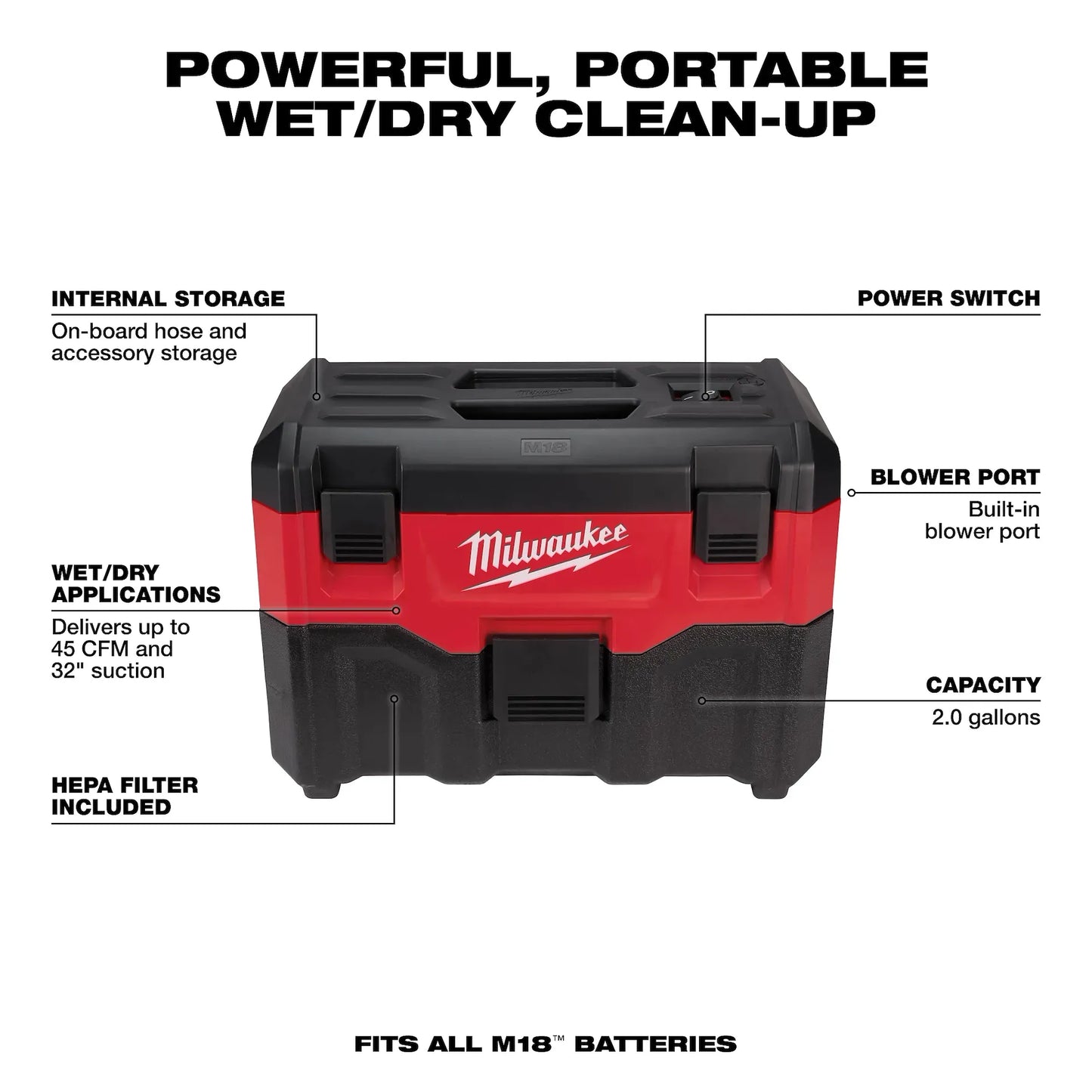 Milwaukee M18™ 2-Gallon Wet/Dry Vacuum 0880-20