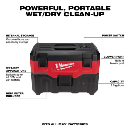 Milwaukee M18™ 2-Gallon Wet/Dry Vacuum 0880-20