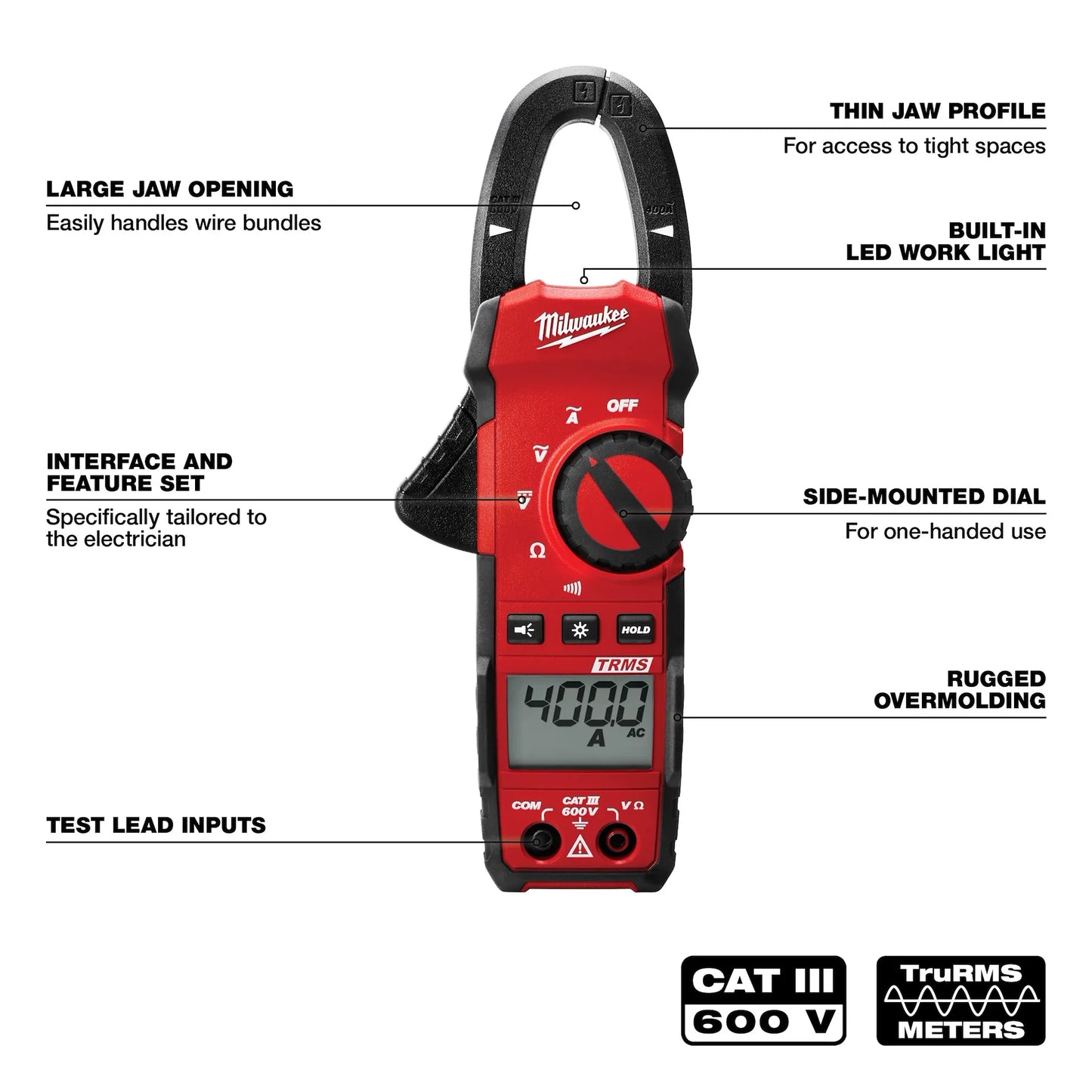 Milwaukee 400 Amp Clamp Meter True RMS CAT III 600V Digital Electrical Tester 2235-20