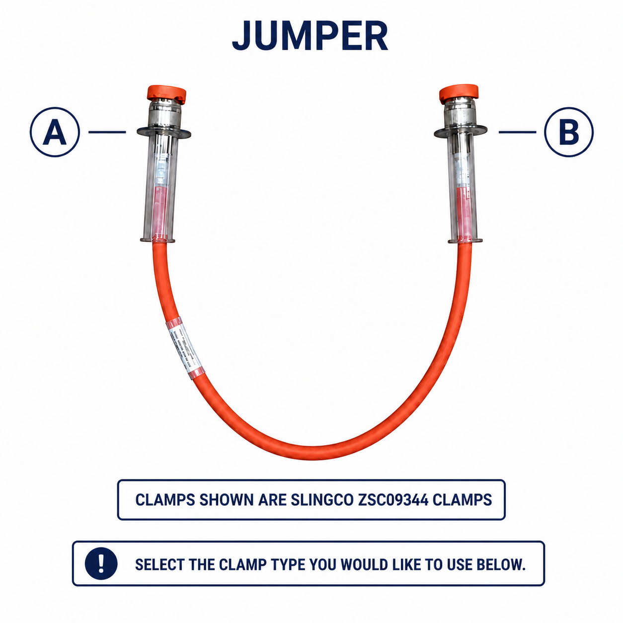 Single jumper assembly with clamp ends A and B labeled