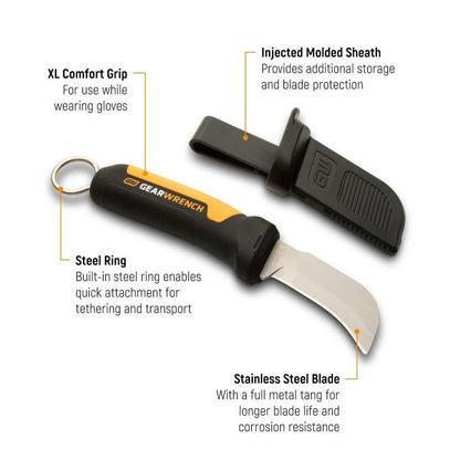 GEARWRENCH GWKHBFXB Lineman Fixed Blade Hawkbill Knife with Blunt Tip 3-3/16"
