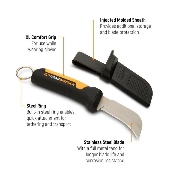 GEARWRENCH GWKHBFXS Lineman Fixed Blade Hawkbill Knife with Sharp Tip 3-3/16"