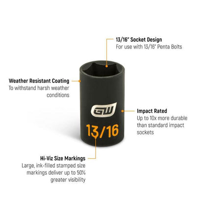 GEARWRENCH GWLS1316P 1/2" Drive 13/16" Lineman Penta Deep Impact Socket