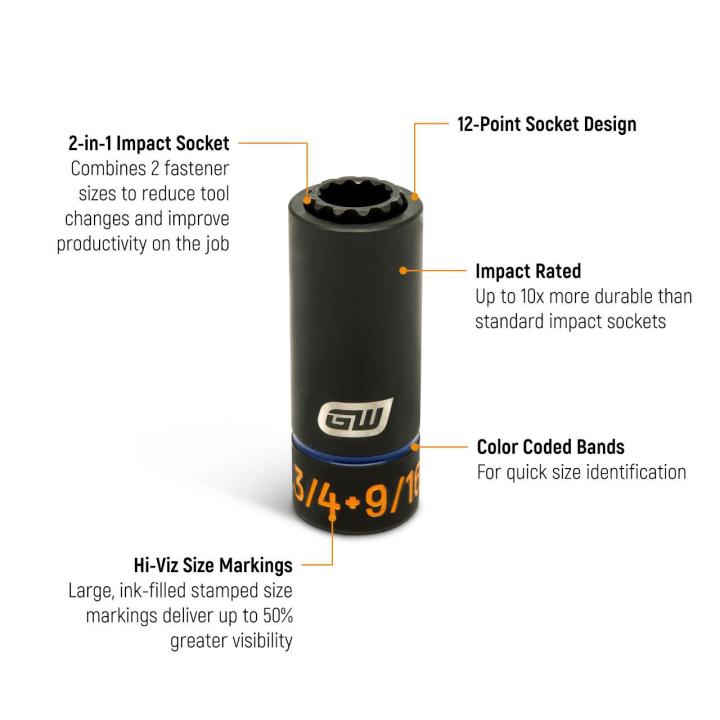 GEARWRENCH GWLS34916 9/16" x 3/4" Lineman 2-in-1 12-Point Impact Socket