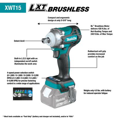 18V LXT® Lithium-Ion Brushless Cordless 4 Speed 1/2" Sq. Drive Impact w/ Detent Anvil, Tool Only XWT15Z