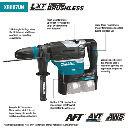 36V (18V X2) LXT® Brushless 1‑9/16" Advanced AVT® Rotary Hammer Kit, SDS‑MAX, AFT®, AWS® (5.0Ah) XRH07PTUN