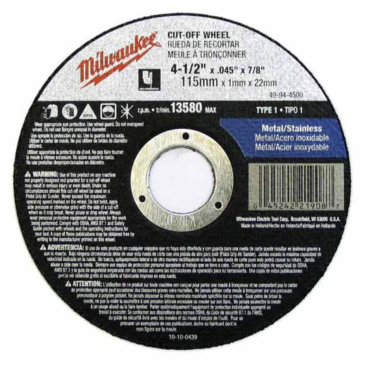 Milwaukee 4-1/2" x .045" x 7/8" Cut-Off Wheel (Type 1) 49-94-4500